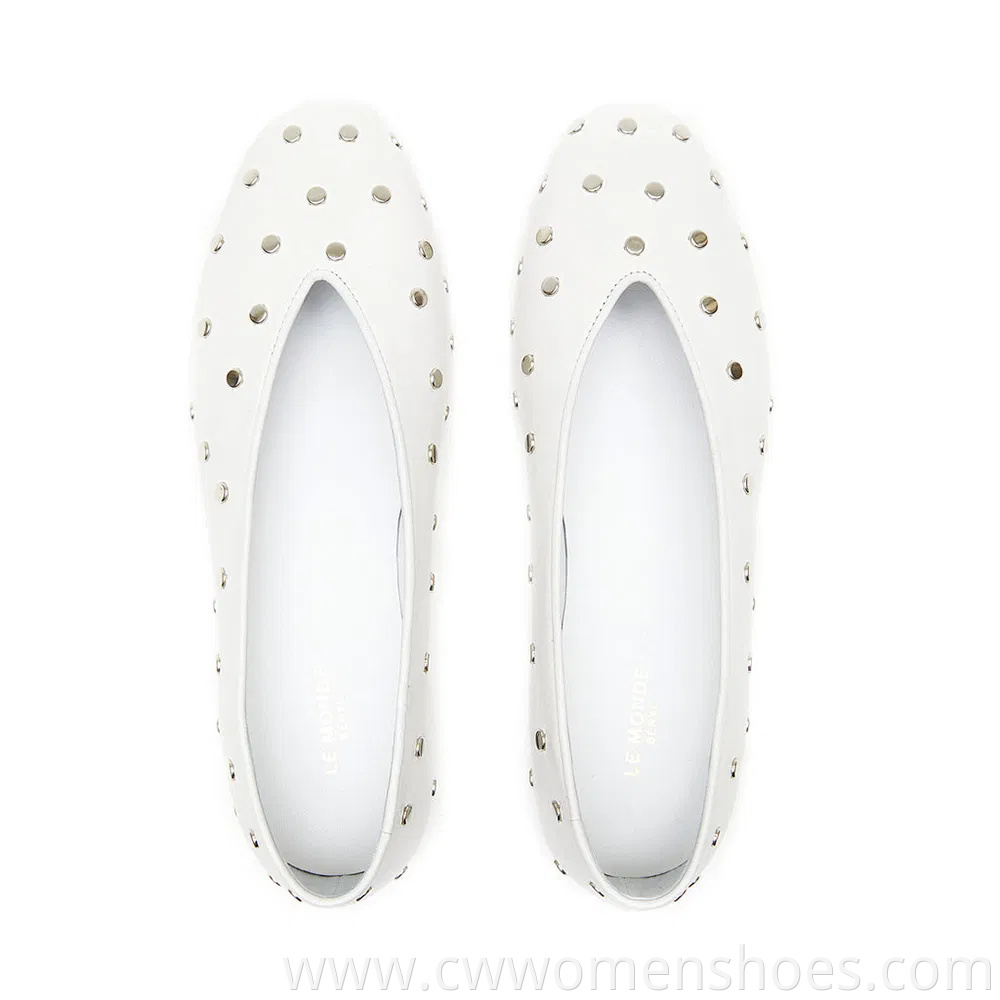 Almond Toe V Cut Studded Women Shoes Ballet Flats Women Calfskin Black White Leather Luxury Hand Made Flat